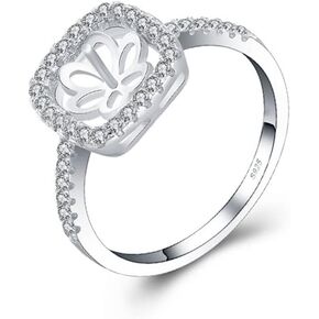 Sterling Silver CZ Square Rings Mounting for Women, Design Ring Fitting Accessory for DIY Pearl Jewelry Making