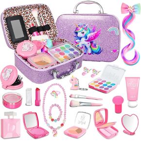 Pretend Makeup for Toddlers, Kids Pretend Play Makeup Set for Little Girls, Fake Toy Makeup Set with Purple Cosmetic Case & Jewelry Set, Birthday for Kids Girls 3 4 5 6 7 8+