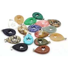 LE SKY 7 Pcs Natural Stone Pendants Waterdrop Shape Quartz Crystal Agate Stone Hollow Pentagram Pattern for Jewelry Making Necklace Bracelet