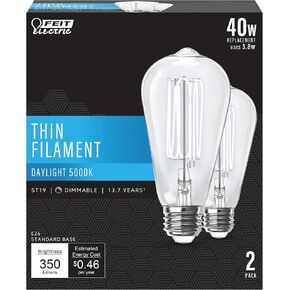 Feit Electric ST19 Vintage Edison LED Light Bulb, 40W Equivalent, Dimmable, 2100 Warm Light, E26 Base, Amber Glass Thin Filament Lighting Bulbs, 15,000-Hour Lifetime, ST1940/VG/TFIL/2, 2 Pack