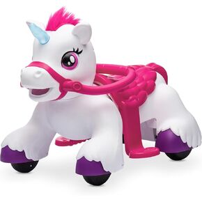 Kidzone 12V Unicorn Ride On Horse Toy for Toddlers 1.5-3 Years Old, Interactive Kids Electric Riding Gift w/Carrot Toy, Comb and Funny Animal Sounds, White