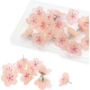 25 Pcs Handmade Pink Resin Cherry Blossoms Push Pin with Glitter Powder Decorative Thumbtacks for Photo Wall, Feature Wall, Whiteboard, Cork Board, Map, Bulletin Board, Office or Home