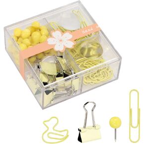 Cute Thumb Tacks Paper Clip Binder Clips Push Pins Set Assorted Size Metal Clips in Plastic Holder Decorative Desk Accessorries (Yellow)