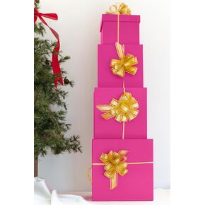 Set of 4 Nested Square Paperboard Boxes (6.25", 7.25", 8.25", 9.25") with Matching Lids, Tissue Paper Sheets and Pull Bows (Hot Pink)