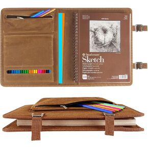 Plinyvel Sketchbook Cover, with Colored Pencil case, Compatible with Strathmore Sketchbook 9"X12" inch, Waxed Canvas, for Art pens, Architects, Painters (Black)