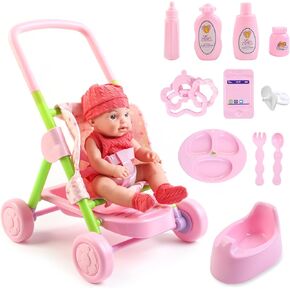 deAO Baby Doll Stroller Set,12 inch Doll Playset with Smooth Rolling 11Pcs Baby Doll Accessories - Great Baby Doll Pretend Toy for 3 4 5 Girls