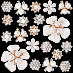 20pcs Flower Pearl Button for Jewelry Making, Sparkle Rhinestone Floral Decorative Button, Flatback Craft Button Embellishments for Wedding Party Clothes Bags Shoes Decoration