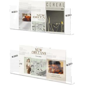 Acrylic Magazine Holder, 2 Pack Hanging Bookshelf Magazine Rack, Wall Mounted Floating Brochure Display for Waiting Room, Office, Home (Clear, 17 Inch)