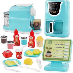 Toy Air Fryer and Coffee Maker Kids Play Kitchen Playset Accessories, Pretend Play Kitchen Toy ,Play Store with Cash Register Toy and Toys Coffee Shop, Kitchen Toys for 3-8 Year Old Girls Boys Gifts