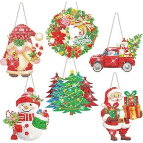 6 PCS Christmas Diamond Painting Hanging Sign Set - 5D Diamond Art - Snowman, Tree, Gnome, Santa Claus - Acrylic Christmas Tree Wreath & Truck for Xmas Wall, Door & Window Decoration