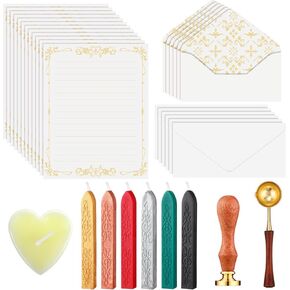 33 Pcs Vintage Stationery Paper and Envelopes Set, Including 12 Letter Writing Paper 12 Envelopes 6 Wax Sealing Sticks 1 Wax Seal Stamp 1 Wax Seal Spoon 1 Heart Shaped Tealight Candle