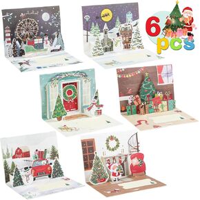 3D Pop Up Christmas Greeting Cards, 6 Pack Xmas Gift Cards with Envelopes Santa Elk Snowman Holiday Cards for Christmas Season Kids and Family Greetings