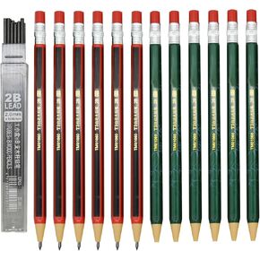 Maydahui 12 PCS Mechanical Pencil with Sharpener Novelty Non Sharpening Automatic Pencil with 12 PCS 2B Lead Refills 2.0 mm Classic Red Green Pole Plastic Simulation Timber for School Writing Drawing