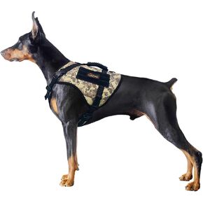 Multicam Tactical Dog Harness for Large Dogs, No Pull Adjustable Dog Harness with Water Bottle Bag and Pocket, Adjustable Reflective K9 Training Vests for Dogs for Training, Walking, Hiking M