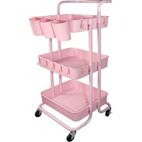 Ceeyali 3-Tier Rolling Utility Cart Storage Organizer Shelf Cart with Lockable Wheels and 3PCS Cups and 8PCS Hooks for Home Kitchen,Bathroom,Office,Laundry Room etc. (3 Cup 8 Hook Pink)