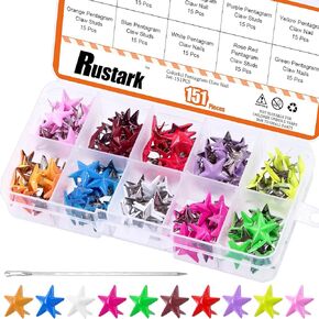 150Pcs 15.7MM Colorful Metal Star Studs Assortment Kit with 1Pc Large Eye Needle, 2-Claw Hand Pressed Punk Studs Rivets Spots Nailhead Studs for DIY Leather Craft Decorations
