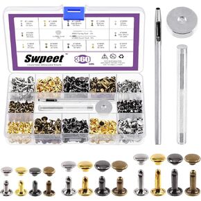 Swpeet 360 Sets 4 Colors 6mm 8mm 12mm Leather Rivets Double Cap Rivets with 3Pcs Fixing Tools Assortment Kit, Leather Rivets Double Cap Rivets Tubular for DIY Leather Craft Clothes Shoes