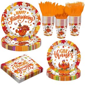 YQUQWN, 168PCS Thanksgiving Plates and Napkins Set, Thanksgiving Party Supplies, Serve 24 - Thanksgiving Plates and Napkins, Cups, Spoon, Fork and Knives for Fall Thanksgiving Party Decorations