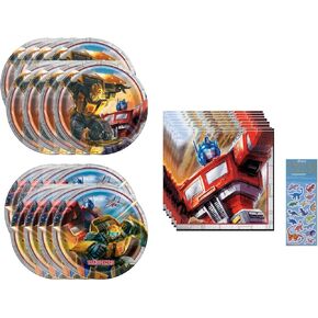 Transformers Birthday Party Supplies Bundle Set includes 8 Dessert Cake Paper Plates, 8 Lunch Paper Plates, 16 Napkins (Set for 8)