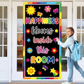 Wiooffen Classroom Colorful Welcome Door Cover Banner Back to School Classroom Decoration Wall Door Decor Porch Sign Kindergarten Preschool Elementary Middle School(HAPPINESS BLOOMS INSIDE THIS ROOM)