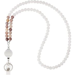 Teacher Lanyard with ID Badge Holder Retractable, Natural Stone Beaded Lanyard for Keys, Stylish, Comfortable, Durable