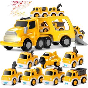 8 in 1 Toy Cars for Kids, Fire Truck Toys for 3 4 5 6 Years Old Boys Girls Toddlers, Pull Back Cars Set with Music & Light, Christmas Birthday Presents, (Yellow)