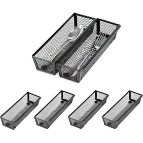 ihomecooker Mesh Tray Silverware Drawer Organizer, Utensil Cutlery Tray Office Supplies with Interlocking Arm Drawer Dividers Organizer for Flatware, Knives,Home,Office, School,Bedroom 12X6'' Black