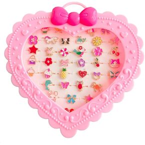 Elesa Miracle 36pcs Children Kids Little Girl Adjustable Jewelry Rings in Box, Girl Pretend Play and Dress Up Rings with Heart Shape Display Case