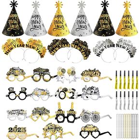 HOWAF Happy New Year Party Favors Set, 51 Pieces New Year Black Gold silver Eyeglasses Top Hats Headband Fringed Noisemaker Necklace for 2025 Bulk Party Favors Happy New Year Eve Party Supplies Decor