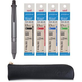 Uni Jetstream 4&1 Metal Edition 0.5 multifunction Pen (Black/Red/Blue/Green and Mechanical Pencil) Ice Silver Body + SXR-80-05 Refills, original Black slim pen case