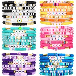 Draupnir 48 Pcs Friendship Bracelets Heishi Surfer Clay Bead Bracelets Set Stackable Beaded Preppy Jewelry Bracelets Friendship Boho Y2K Bracelets for Women Teen Girls Party Favors