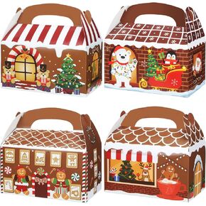 Yahenda 48 Pieces Christmas Treat Boxes 3D Gingerbread House Cardboard Cookie Goody Gable Candy Bags with Handles Xmas Paper Gift Boxes for Holiday Christmas Party Favor Supplies, 6 x 3.5 x 3.5 Inch