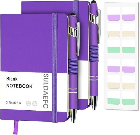 2 Pack Lined Pocket Notebook Small Journal with Pen, A6 Hardcover Notebook, 3.7"x5.5" Mini Notepad 100Gsm Thick Paper, pen holder (Purple) in Saudi Arabia