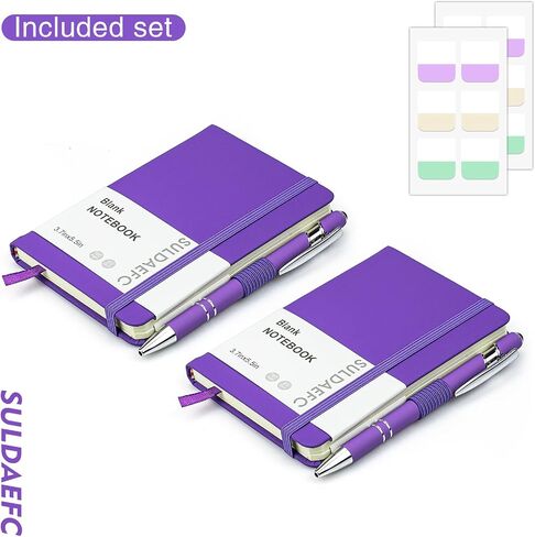 2 Pack Lined Pocket Notebook Small Journal with Pen, A6 Hardcover Notebook, 3.7"x5.5" Mini Notepad 100Gsm Thick Paper, pen holder (Purple) in Saudi Arabia