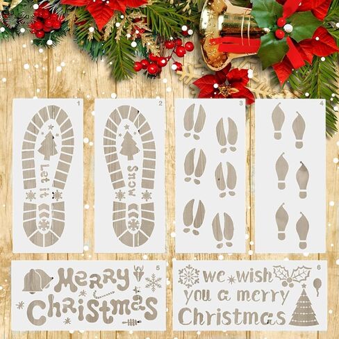 6 قطع استنسل قدم عيد الميلاد أرضية كبيرة سانتا بصمة ندفة الثلج قزم شجرة عيد الميلاد مجوفة قالب رسم قابل لإعادة الاستخدام للرسم على علامة خشبية نافذة جدار أرضية ديكورات يدوية ذاتية الصنع in Kuwait