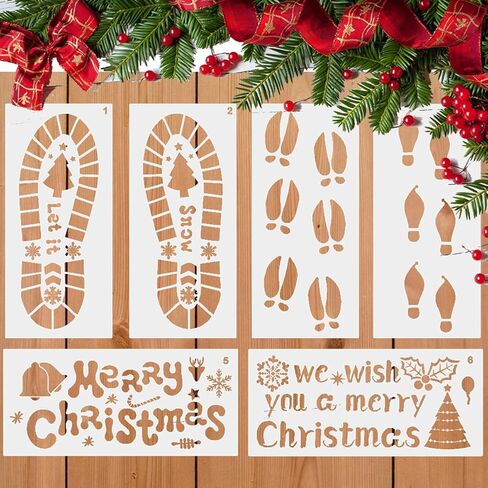 6 قطع استنسل قدم عيد الميلاد أرضية كبيرة سانتا بصمة ندفة الثلج قزم شجرة عيد الميلاد مجوفة قالب رسم قابل لإعادة الاستخدام للرسم على علامة خشبية نافذة جدار أرضية ديكورات يدوية ذاتية الصنع in Kuwait