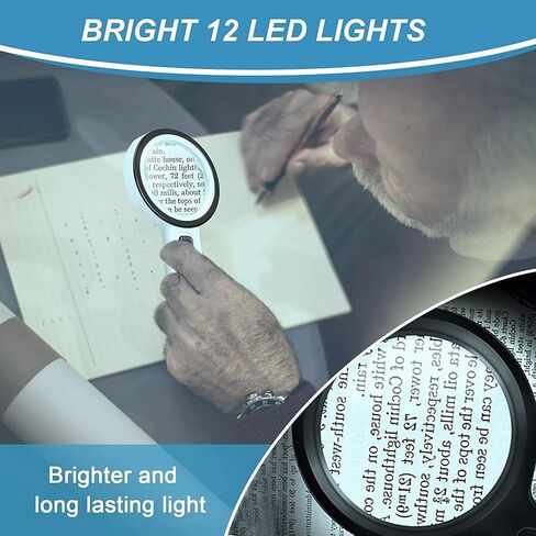 عدسة مكبرة مع 12 مصباح LED، عدسة زجاجية مزدوجة 30X عدسة مكبرة مضيئة للقراءة، عدسة مكبرة لكبار السن للقراءة، العملات المعدنية، الطوابع، الخريطة، التفتيش، الضمور البقعي in Kuwait
