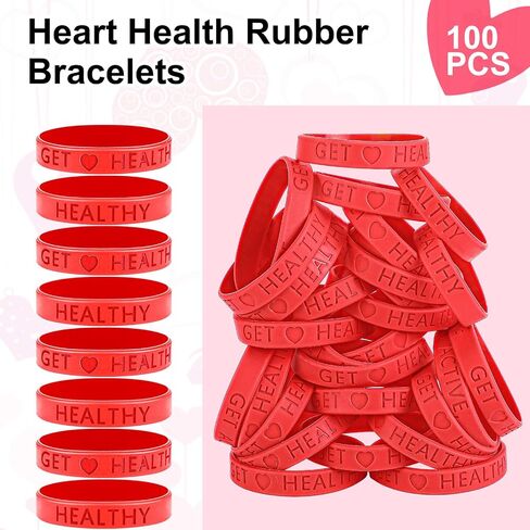 Quelay 100 Pcs Heart Health Awareness Bracelets Valentines Day Wristbands Red Heart Silicone Bracelets Rubber Bracelets for Heart Cancer Awareness Valentines Day Christmas Gift in Saudi Arabia