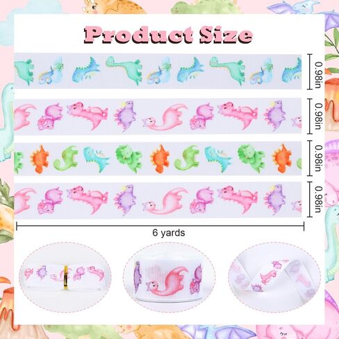 4 Rolls Dinosaur Themed Ribbons, 20 Yards Safari Jungle Craft Ribbons for Wreath Hair Bow Wrap Gifts Pack, Pink Grosgrain Ribbons Birthday Wedding Gender Reveal Party Accessory Decorations in Saudi Arabia
