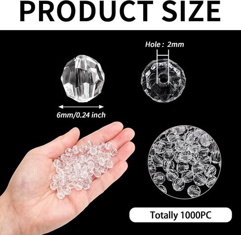 BONNY BOXX 1000pcs 6mm Acrylic Faceted Round Crystal Beads Transparent White Loose Spacer Craft Beads for DIY Bracelet Necklace Earring Keychain Jewelry Making Bags Decoration in Saudi Arabia