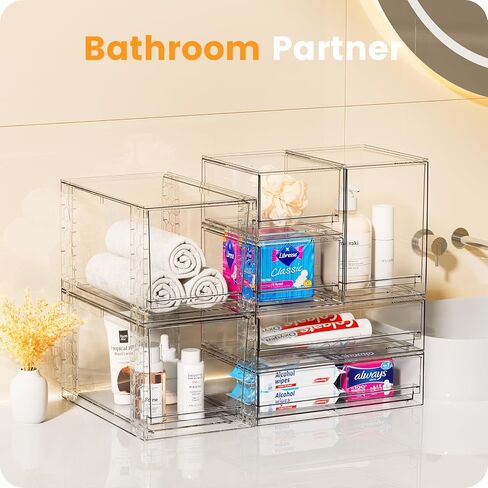 2 Pack Clear Stackable Storage Drawers, 12"W Tall Acrylic Bathroom Makeup Organizer,Plastic Storage Bins For Vanity, Undersink, Kitchen Cabinets, Pantry, Home Organization and Storage in Saudi Arabia