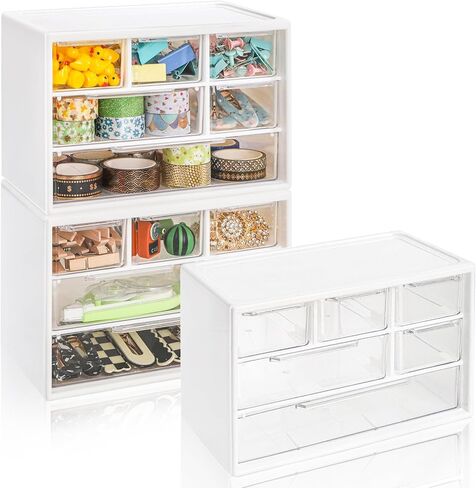 3 قطع من البلاستيك لتخزين أدراج سطح المكتب من Okllen، منظم أدراج صغير مع 6 أدراج قابلة للإزالة، منظم تخزين مكتب صغير قابل للتكديس لمجموعة المكاتب المنزلية، 7 بوصة طول × 4 بوصة عرض × 4.7 بوصة ارتفاع، أبيض in Kuwait