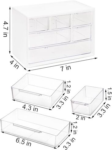 3 قطع من البلاستيك لتخزين أدراج سطح المكتب من Okllen، منظم أدراج صغير مع 6 أدراج قابلة للإزالة، منظم تخزين مكتب صغير قابل للتكديس لمجموعة المكاتب المنزلية، 7 بوصة طول × 4 بوصة عرض × 4.7 بوصة ارتفاع، أبيض in Kuwait