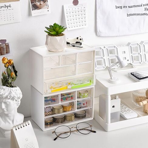 3 قطع من البلاستيك لتخزين أدراج سطح المكتب من Okllen، منظم أدراج صغير مع 6 أدراج قابلة للإزالة، منظم تخزين مكتب صغير قابل للتكديس لمجموعة المكاتب المنزلية، 7 بوصة طول × 4 بوصة عرض × 4.7 بوصة ارتفاع، أبيض in Kuwait