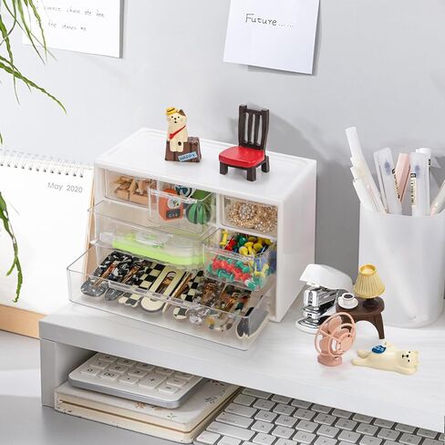 3 قطع من البلاستيك لتخزين أدراج سطح المكتب من Okllen، منظم أدراج صغير مع 6 أدراج قابلة للإزالة، منظم تخزين مكتب صغير قابل للتكديس لمجموعة المكاتب المنزلية، 7 بوصة طول × 4 بوصة عرض × 4.7 بوصة ارتفاع، أبيض in Kuwait