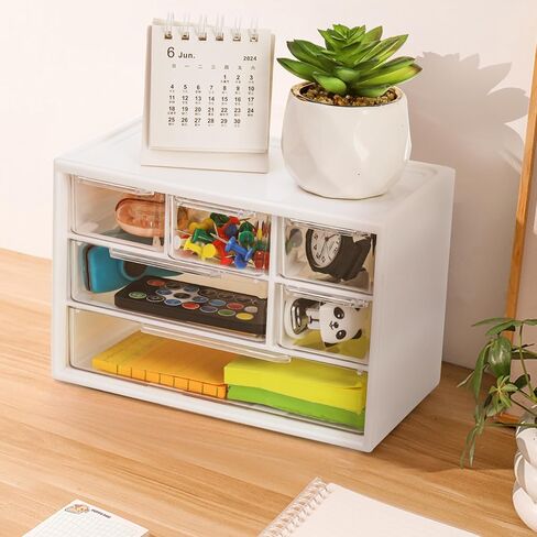 3 قطع من البلاستيك لتخزين أدراج سطح المكتب من Okllen، منظم أدراج صغير مع 6 أدراج قابلة للإزالة، منظم تخزين مكتب صغير قابل للتكديس لمجموعة المكاتب المنزلية، 7 بوصة طول × 4 بوصة عرض × 4.7 بوصة ارتفاع، أبيض in Kuwait