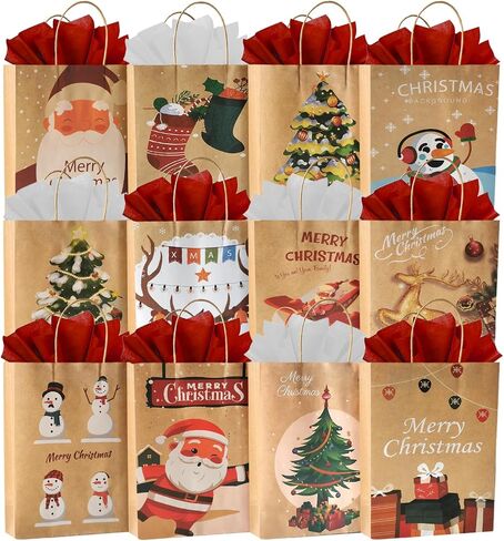 Beliiant 24 Pack Large Christmas Gift Bags With Handles,24 Tissue Papers And 24 Christmas Gift Tags,12 Designs Christmas Bags Bulk Set For Xmas Holiday Party Favor Presents (L:10.2’’x4.7’’x13.0’’) in Saudi Arabia