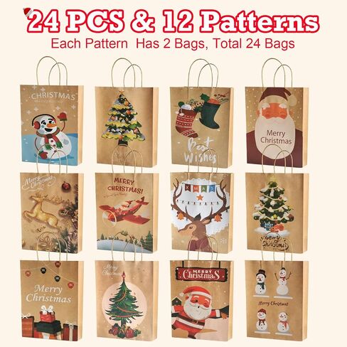 Beliiant 24 Pack Large Christmas Gift Bags With Handles,24 Tissue Papers And 24 Christmas Gift Tags,12 Designs Christmas Bags Bulk Set For Xmas Holiday Party Favor Presents (L:10.2’’x4.7’’x13.0’’) in Saudi Arabia