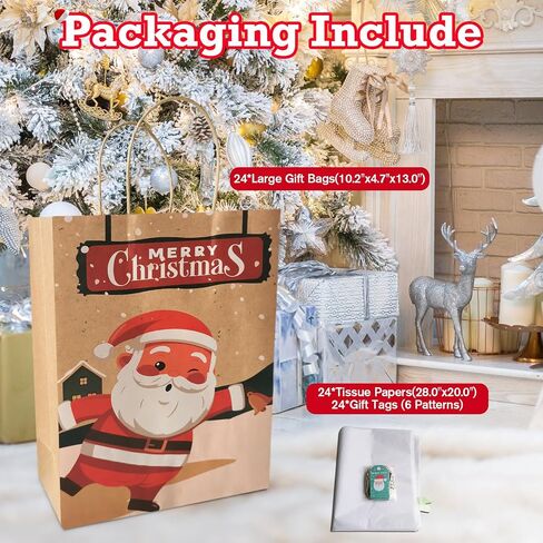 Beliiant 24 Pack Large Christmas Gift Bags With Handles,24 Tissue Papers And 24 Christmas Gift Tags,12 Designs Christmas Bags Bulk Set For Xmas Holiday Party Favor Presents (L:10.2’’x4.7’’x13.0’’) in Saudi Arabia