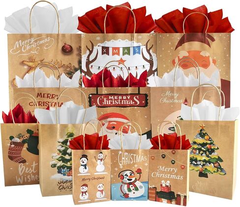 Beliiant 24 Pack Large Christmas Gift Bags With Handles,24 Tissue Papers And 24 Christmas Gift Tags,12 Designs Christmas Bags Bulk Set For Xmas Holiday Party Favor Presents (L:10.2’’x4.7’’x13.0’’) in Saudi Arabia